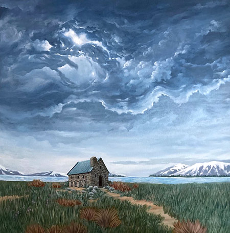 Holly Haines emerging artist, storm at Lake Tekapo, oil on canvas